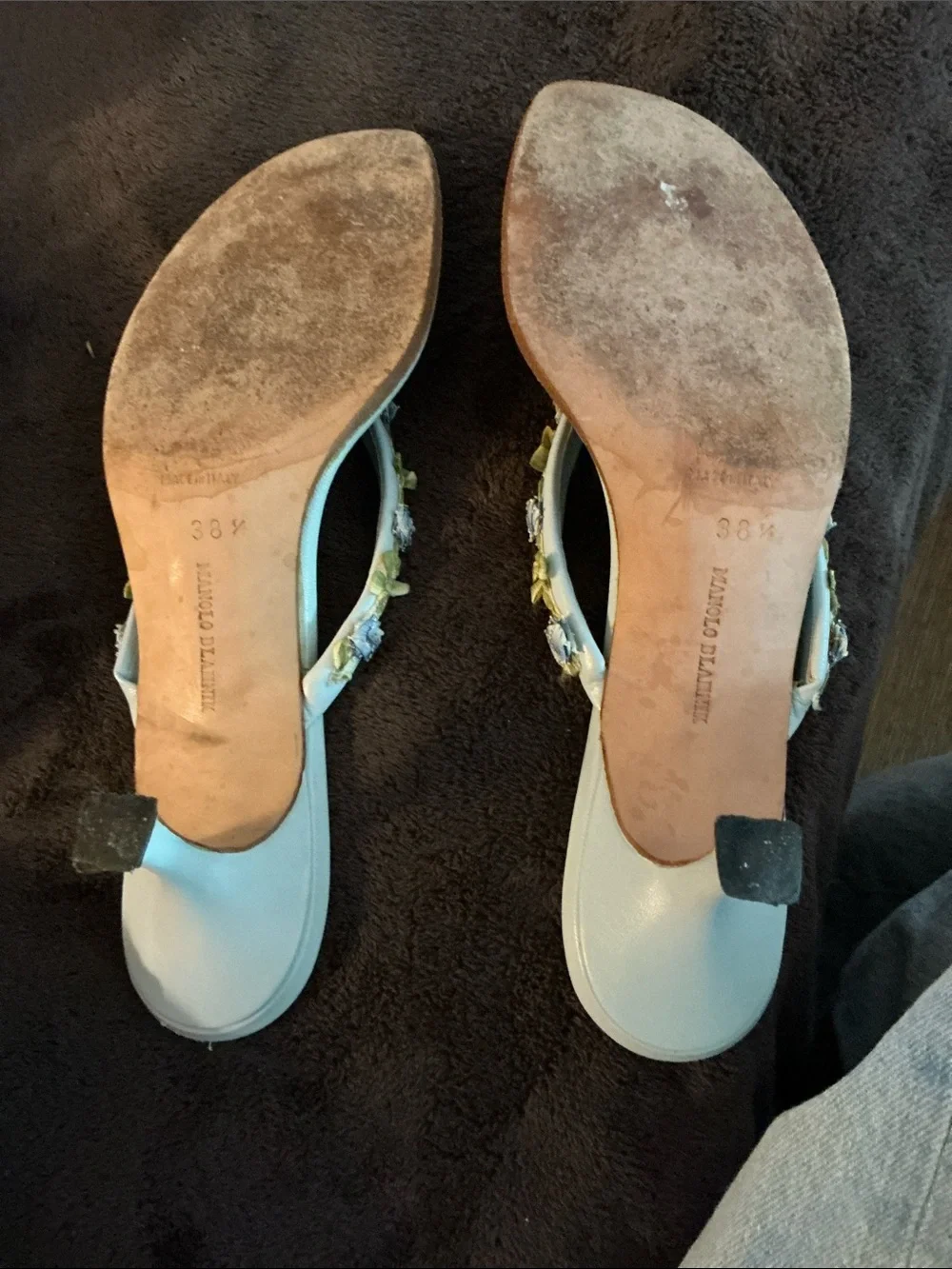 Vintage Manolo Blahnik Pale Blue Floral-Embellished Thong Sandals